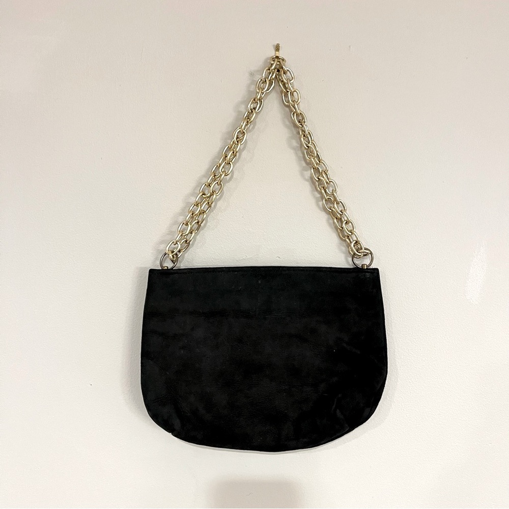 VINTAGE Black Suede Handbag with Adjustable Gold Chain